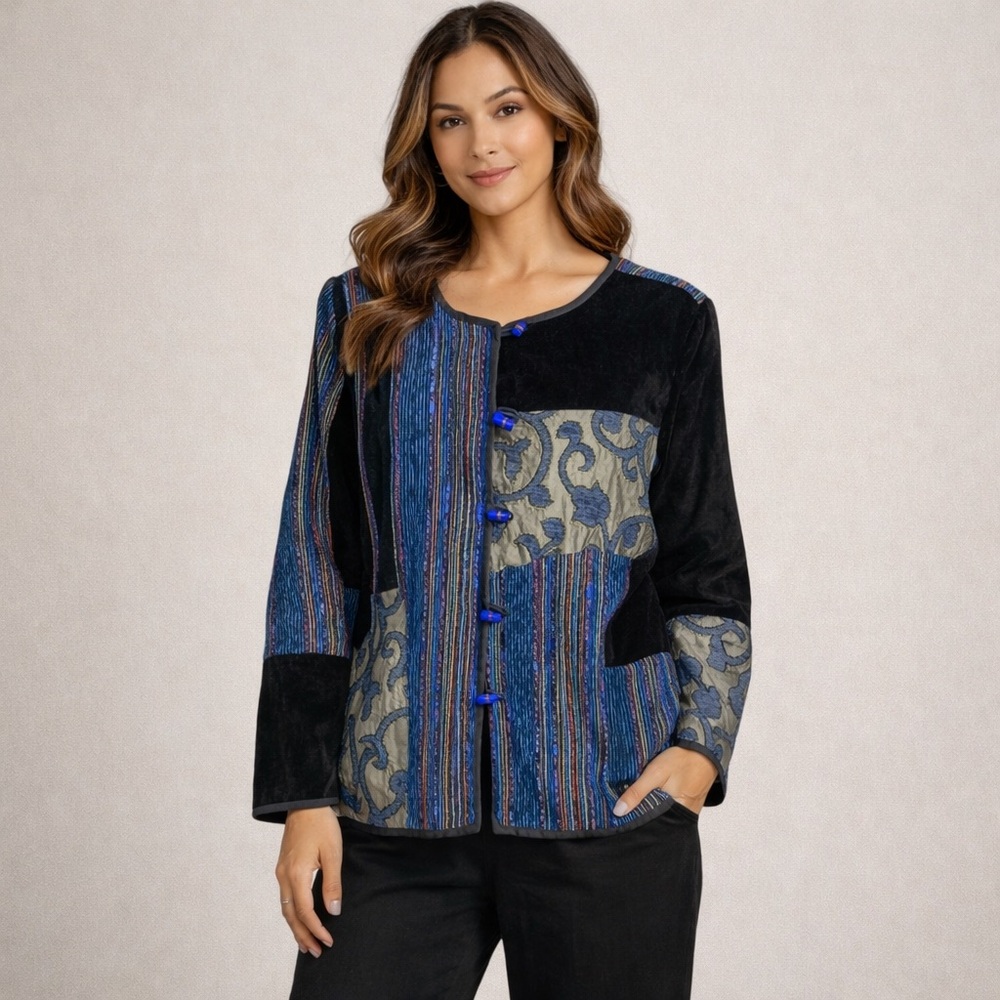 Julie Kim Velvet Collage Art Style Jacket Glass Bead Buttons